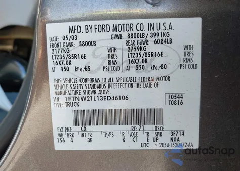 2003 Ford F-250 Lariat/Xl/Xlt z USA, uszkodzony, nr VIN 1FTNW21L13ED46106